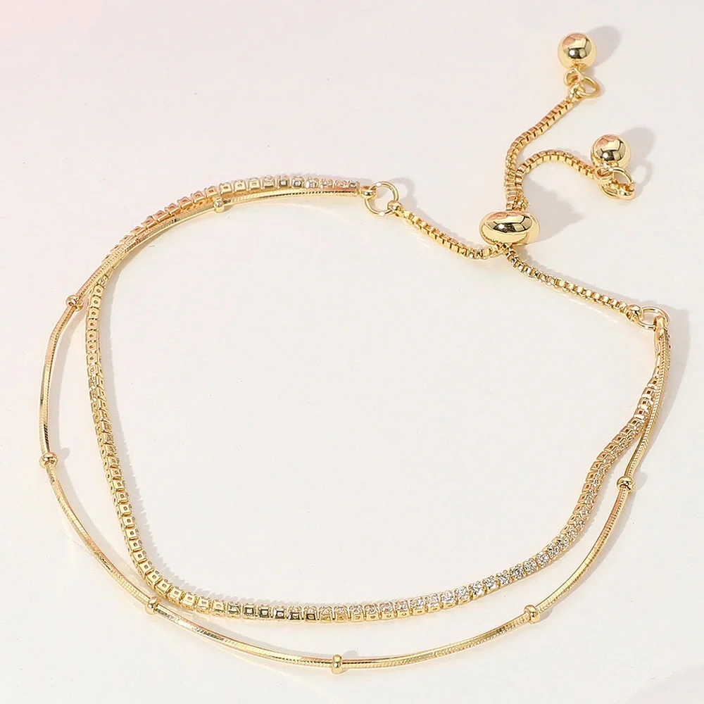18K Gold Dipped Rhinestone Ball Chain Layered Bracelet